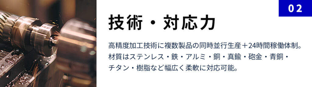 技術・対応力：高精度加工技術に複数製品の同時並行生産＋24時間稼働体制。 材質はステンレス・鉄・アルミ・銅・真鍮・砲金・青銅・チタン・樹脂など幅広く柔軟に対応可能。
